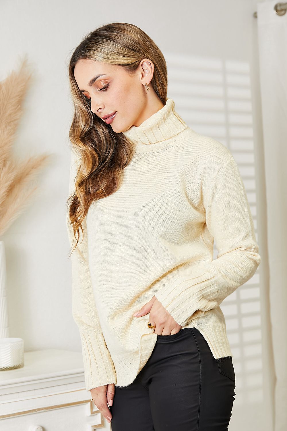 Long Sleeve Turtleneck Sweater with Side Slit in Cream