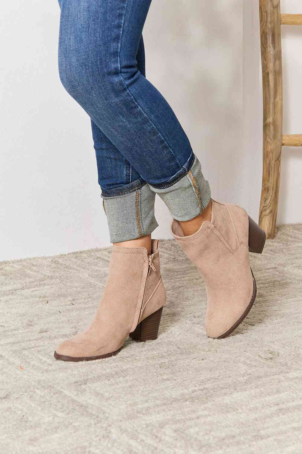 Taupe Block Heel Point Toe Ankle Boots