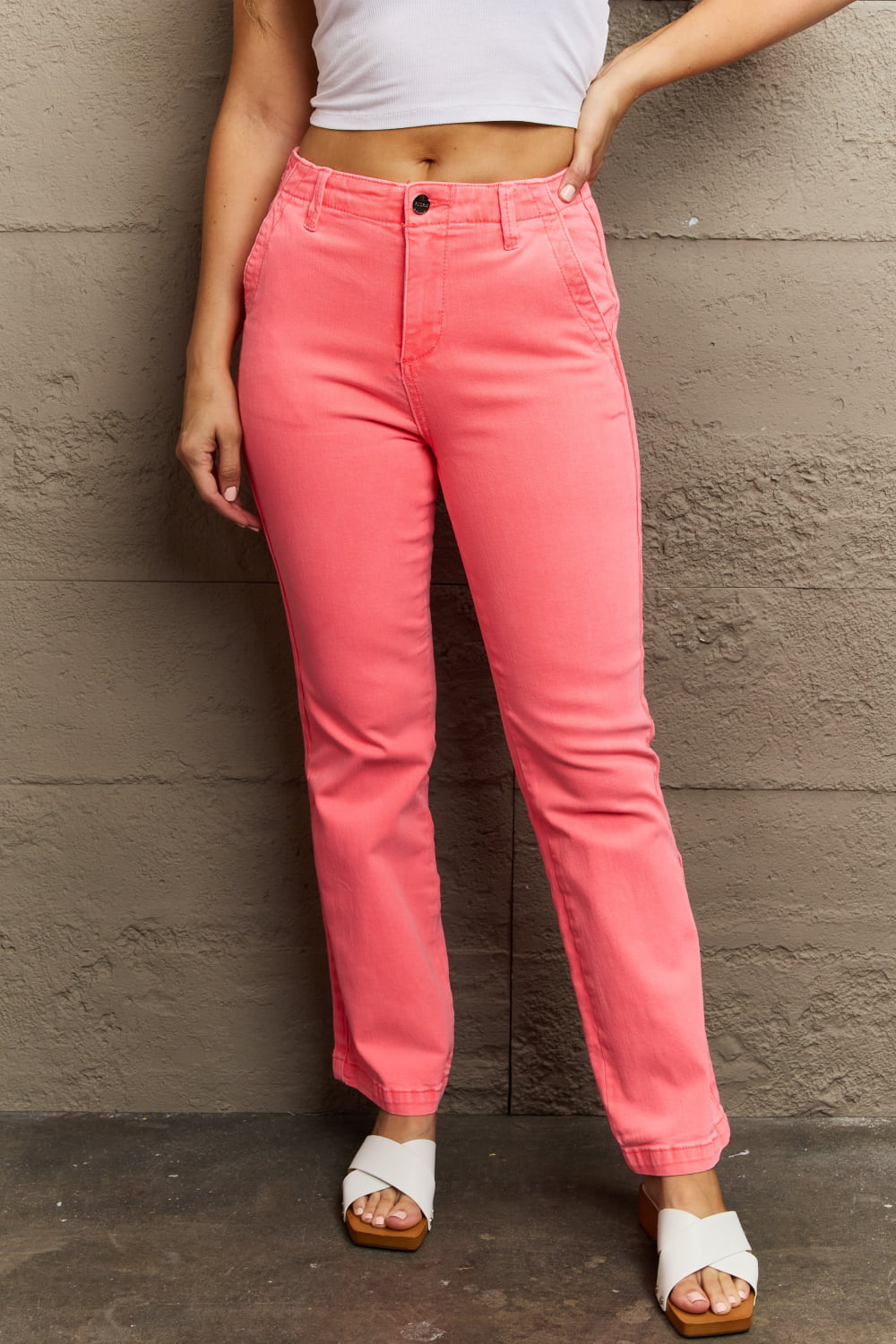 RISEN Kenya High Waist Side Twill Straight Jeans in Coral