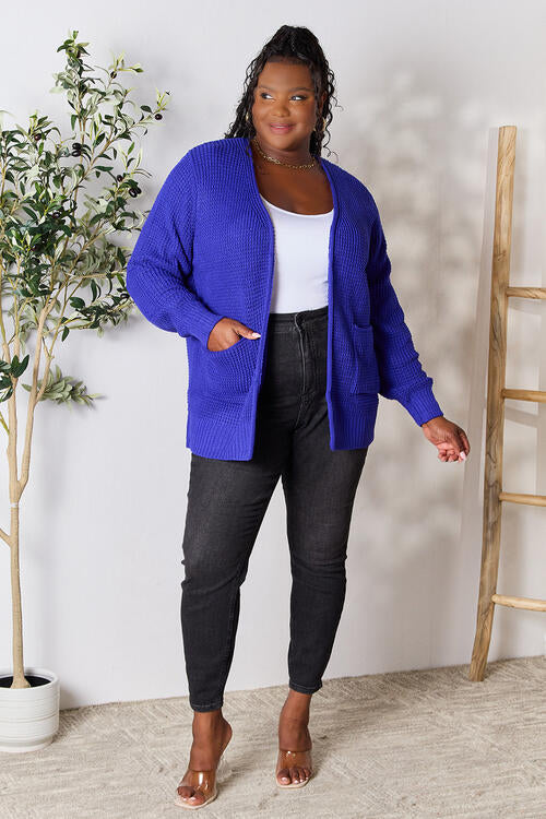 Bright Blue Waffle-Knit Open Front Cardigan