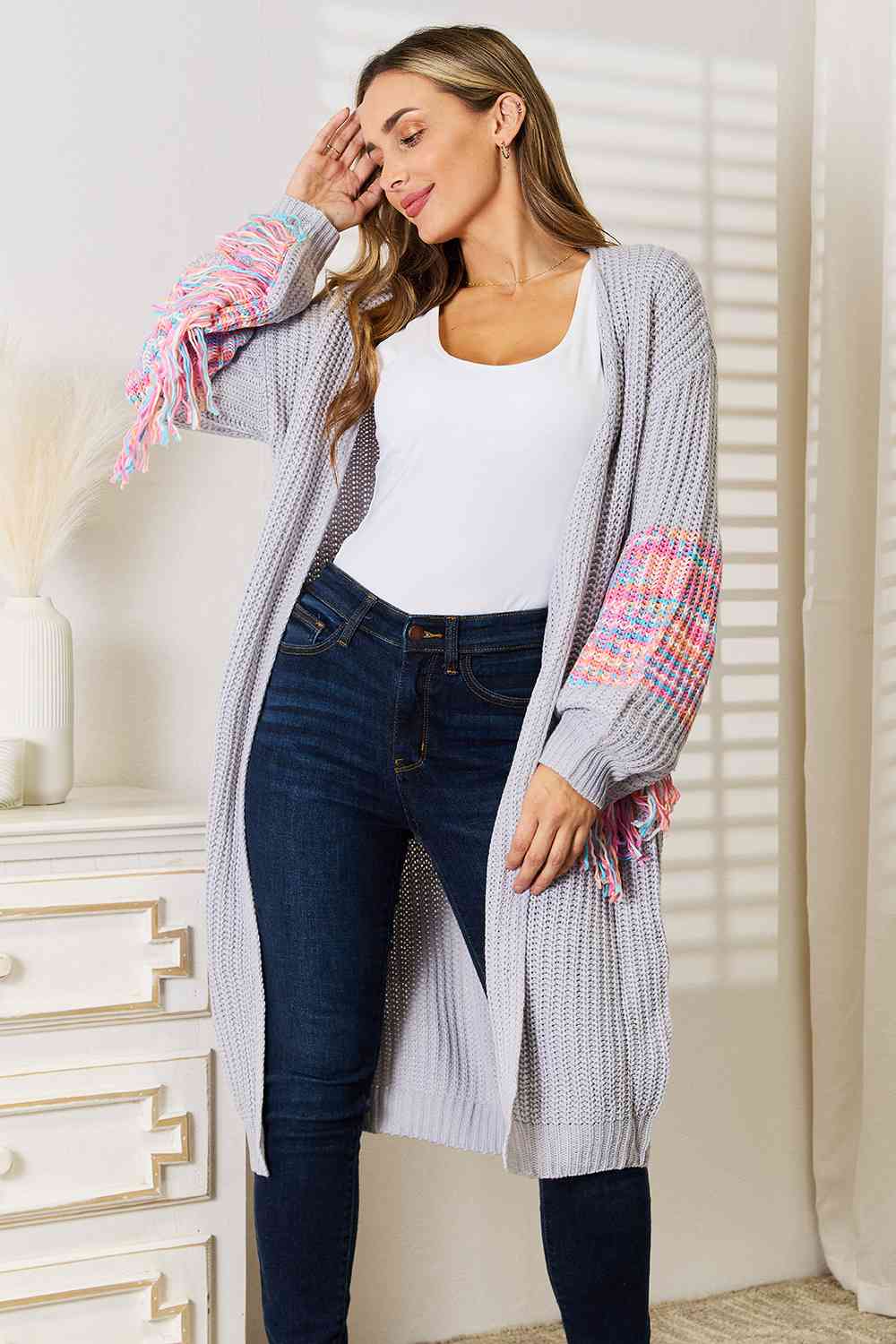 Fringe Sleeve Dropped Shoulder Cardigan in Cloudy Blue