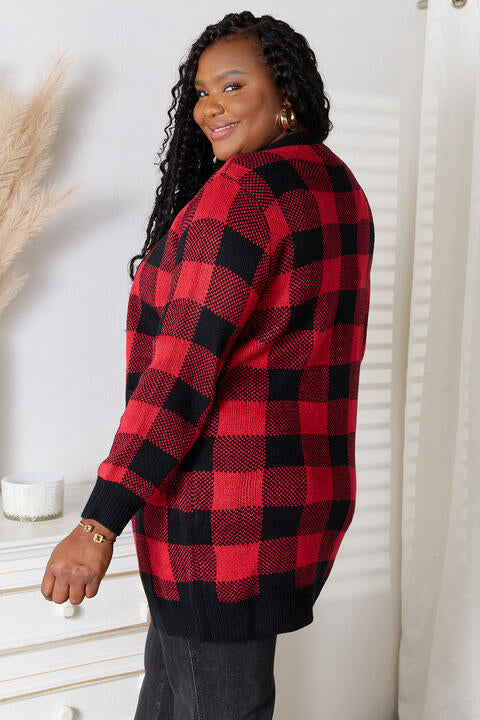 Red & Black Plaid Open Front Cardigan with Pockets