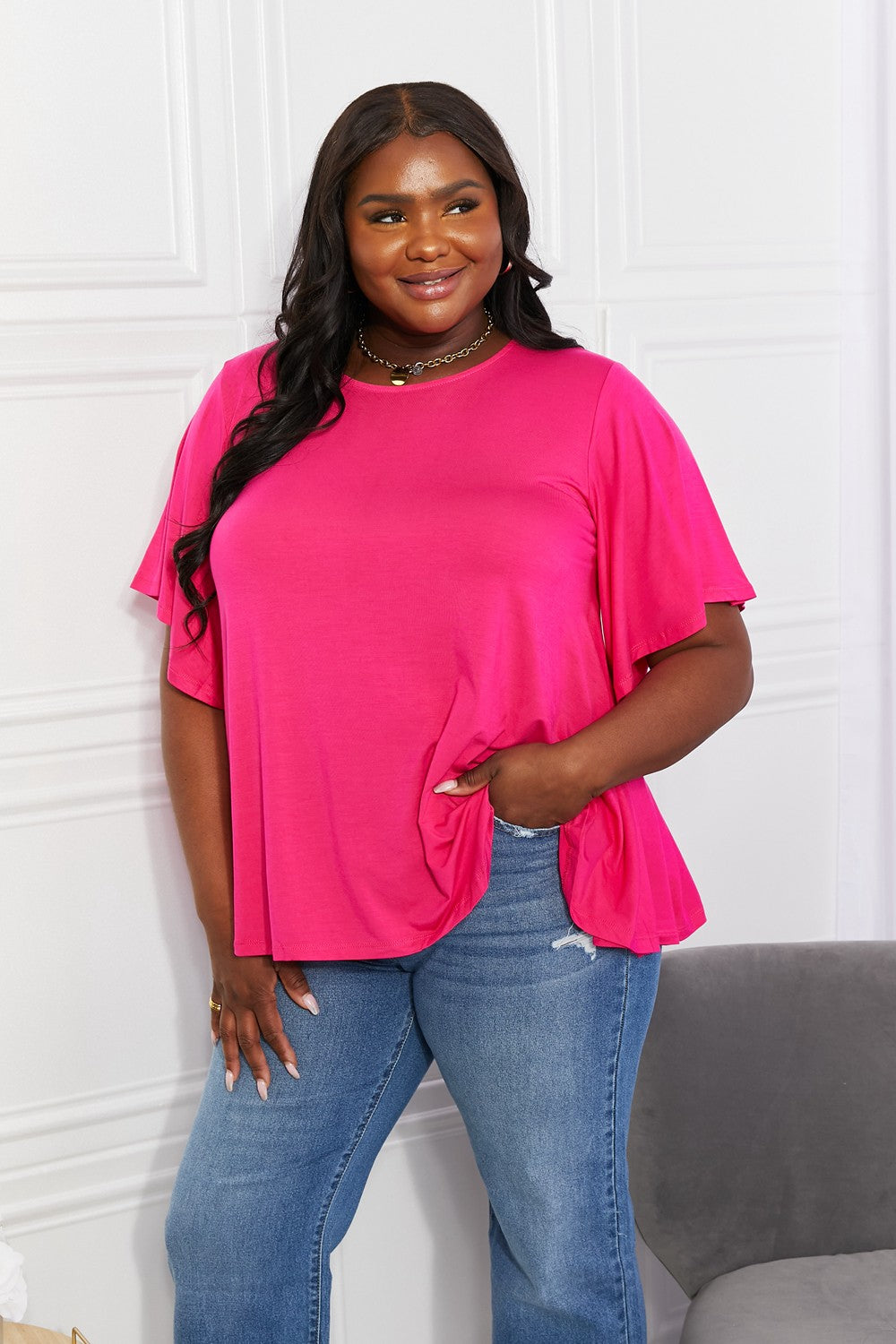 More Than Words Flutter Sleeve Top in Hot Pink