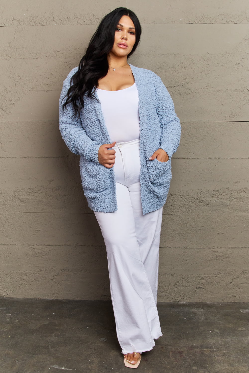 Falling For You Open Front Popcorn Cardigan in Pastel Blue