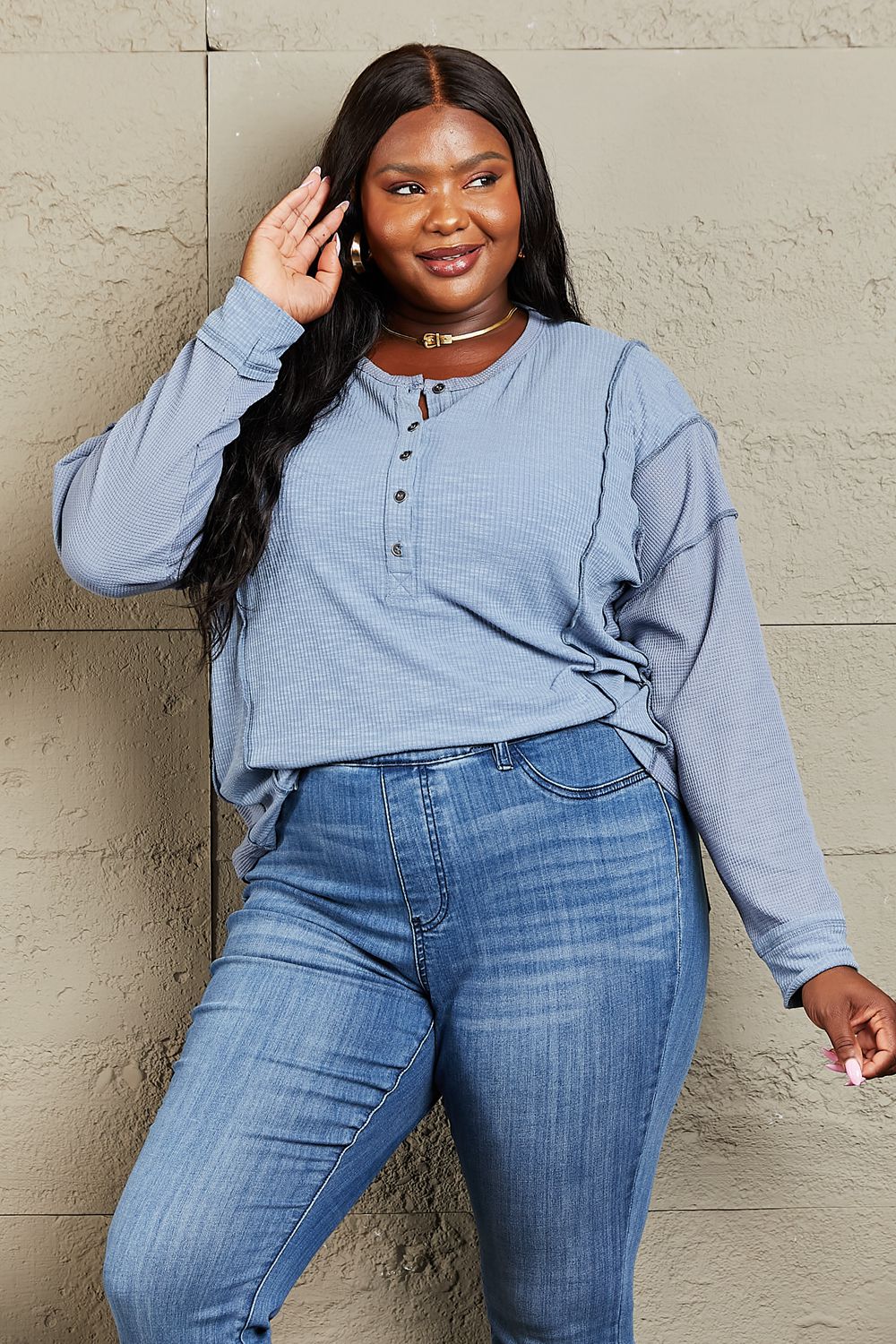 Understand me Oversized Henley Top in Misty Blue