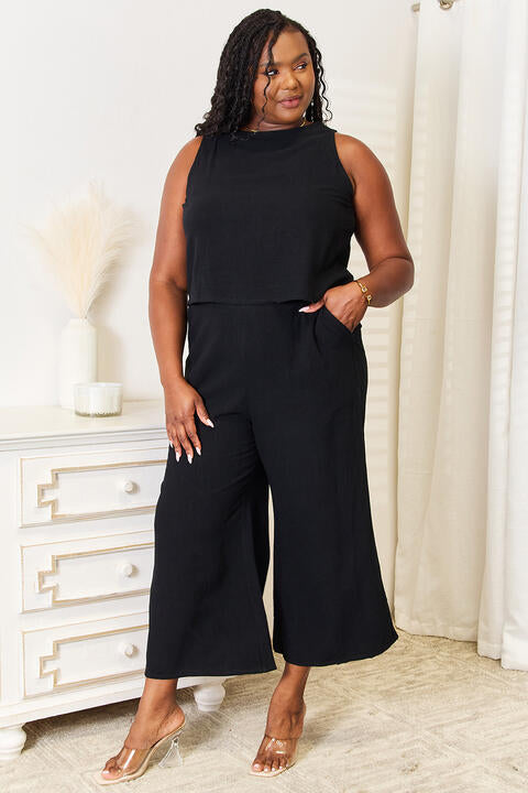Black Buttoned Round Neck Tank and Wide Leg Pants Set