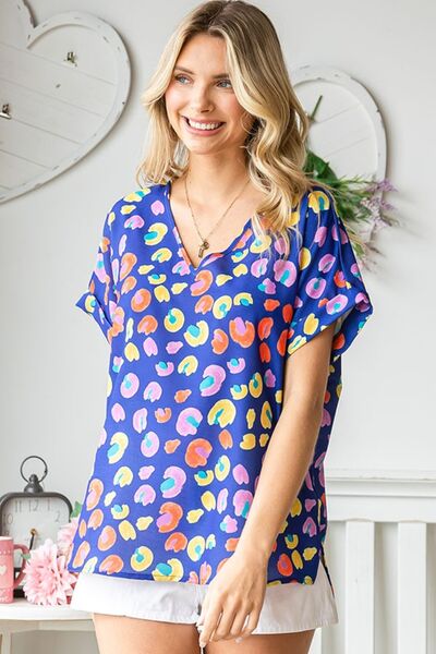 Blue Multi Printed V-Neck Short Sleeve Blouse