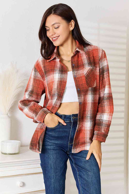 Ochre Take Plaid Collared Neck Long Sleeve Shirt