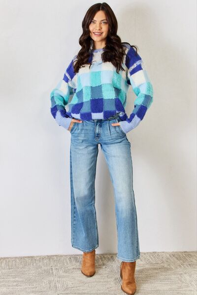 Blue Checkered Round Neck Sweater