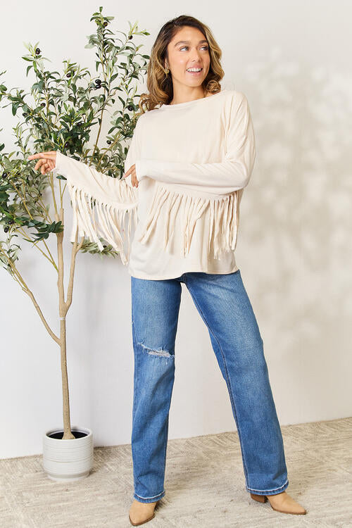 Fringe Detail Long Sleeve Top in Ivory (MADE IN USA)