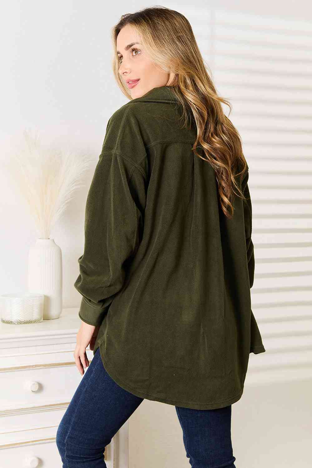 Cozy Girl Button Down Shacket in Army Green