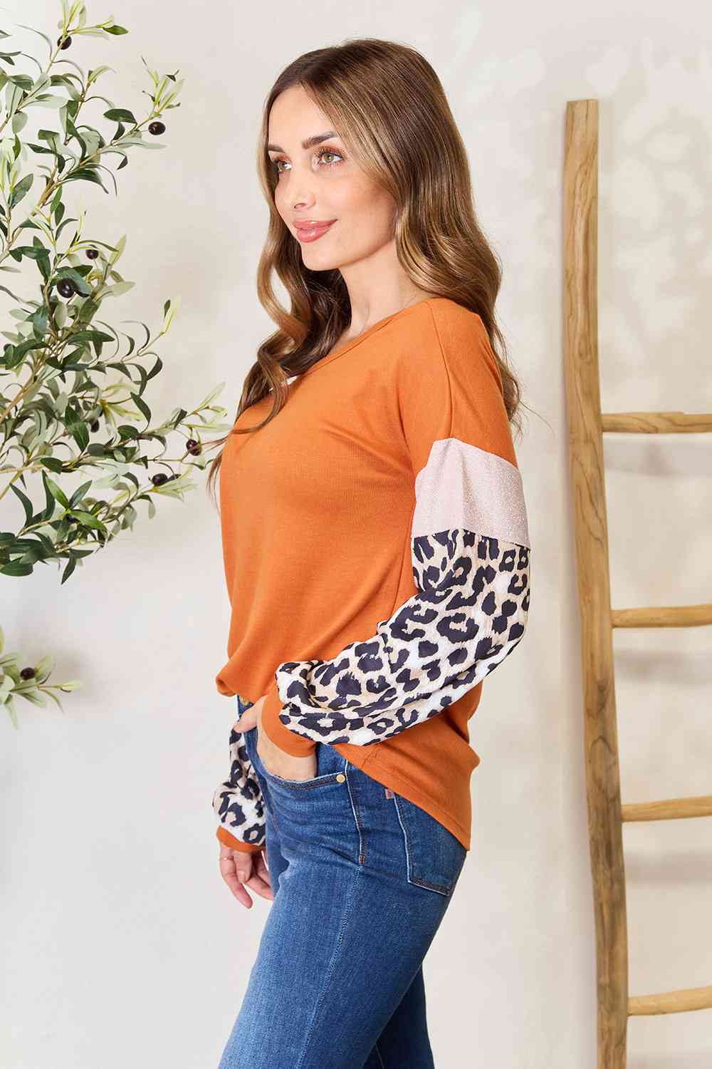 Pumpkin Leopard Long Sleeve Round Neck Top