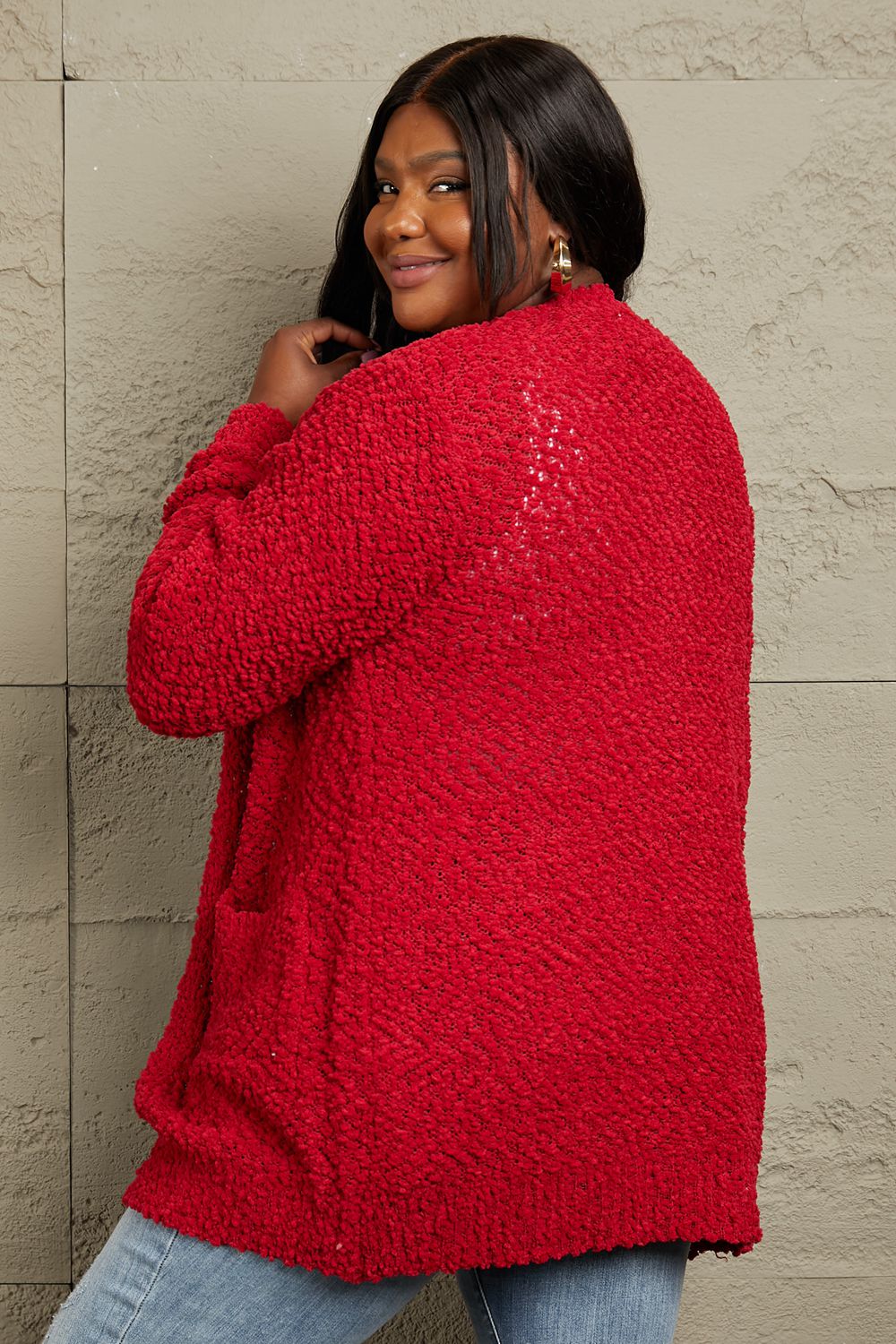 Falling For You Open Front Popcorn Cardigan in Red