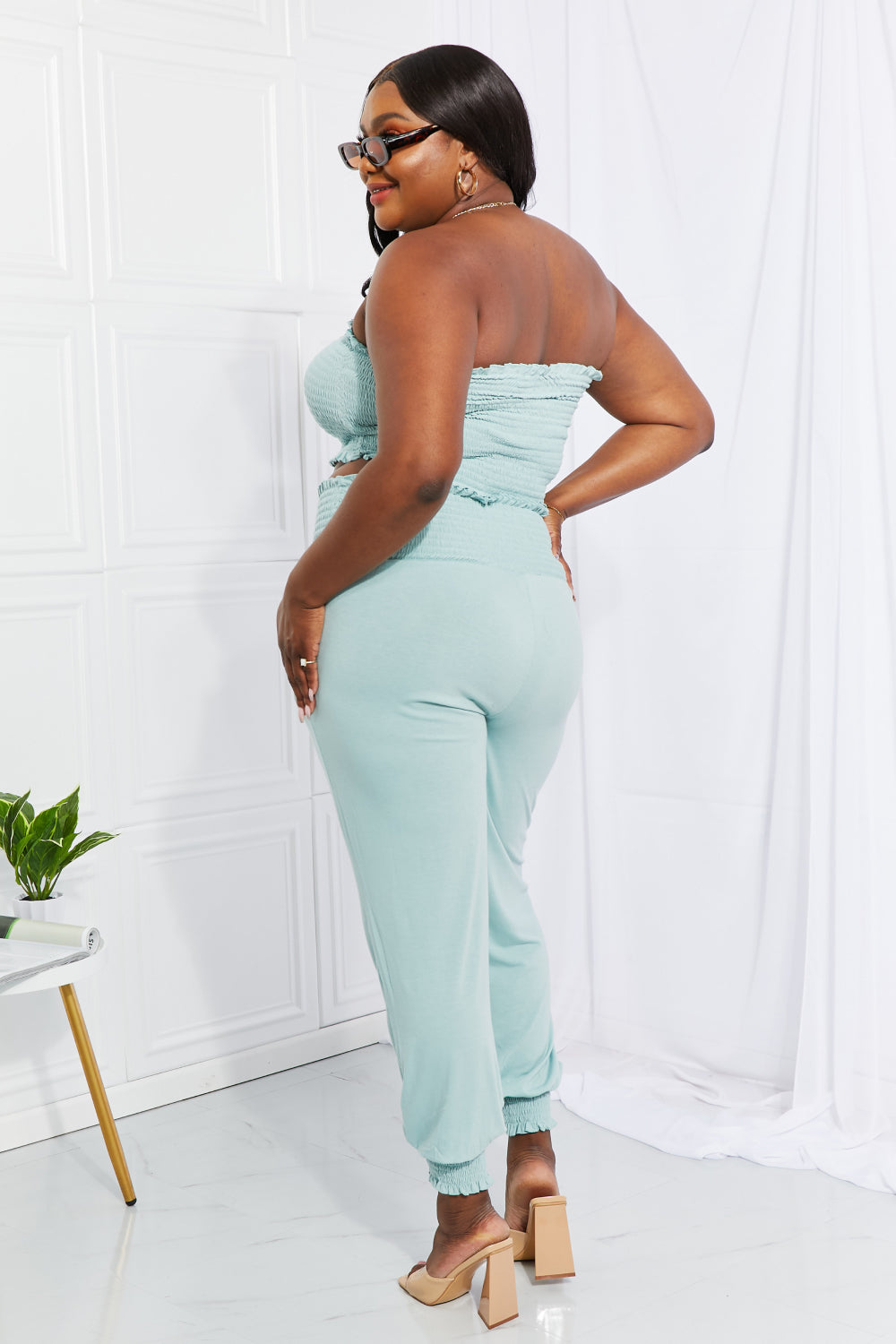 Stylish Comfort Smocked Tube Top & Joggers Set in Light Green