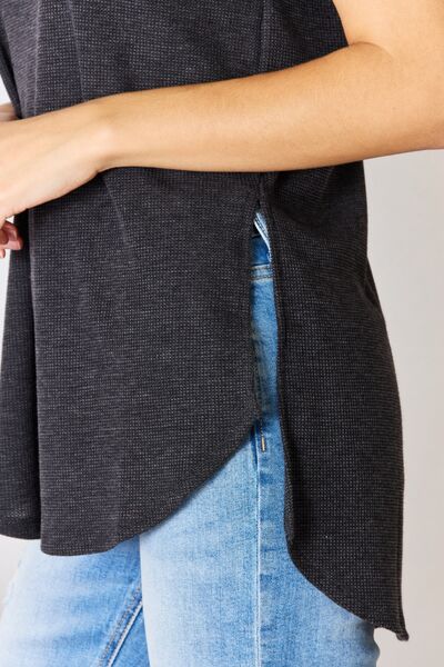 Black Waffle Knit Short Sleeve Slit T-Shirt