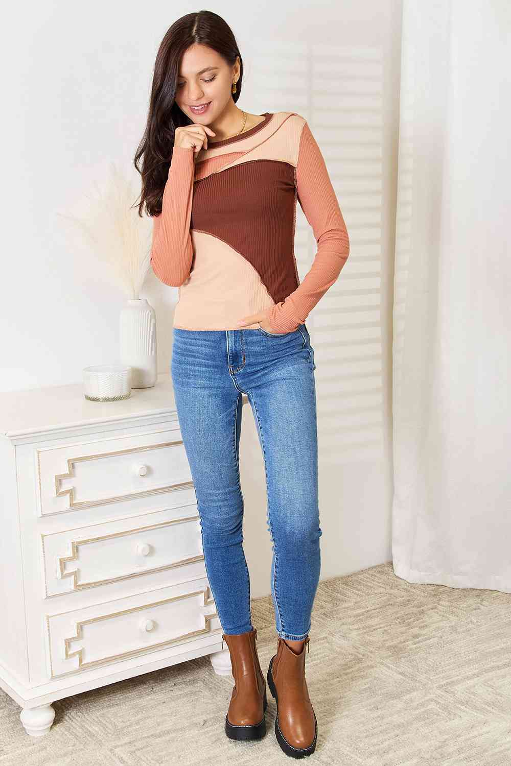 Chestnut Color Block Exposed Seam Long Sleeve Top