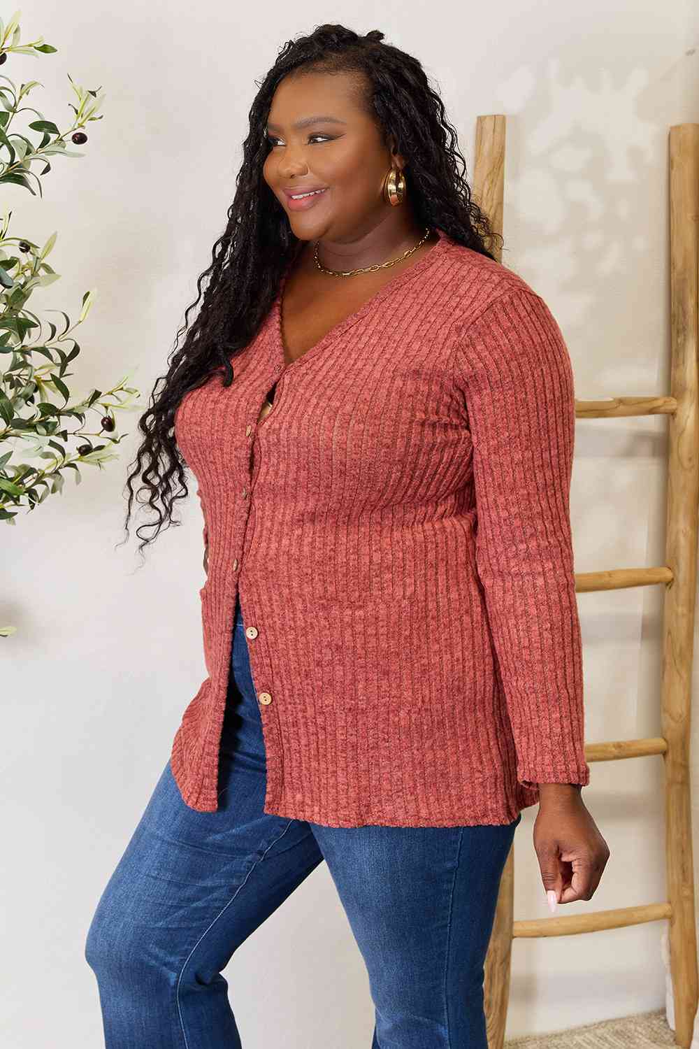 Ribbed Button-Up Cardigan with Pockets