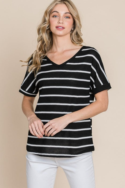 Simple Goals Waffle Knit Striped Tee in Black (MADE IN USA)