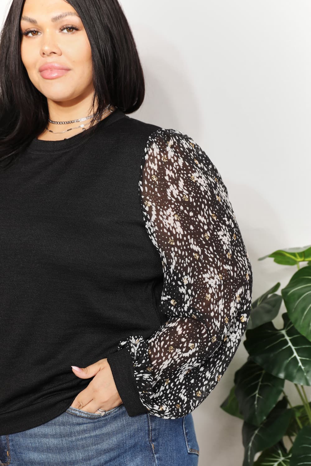 Foil Printed Sleeve Top in Black