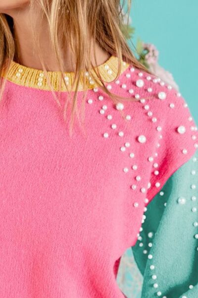 Pink Color Block Pearl Decor Cropped Sweater