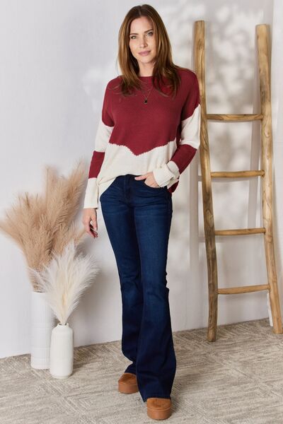 Red Color Block Dropped Shoulder Knit Top