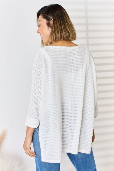 Waffle Knit V-Neck Long Sleeve Slit Top in White