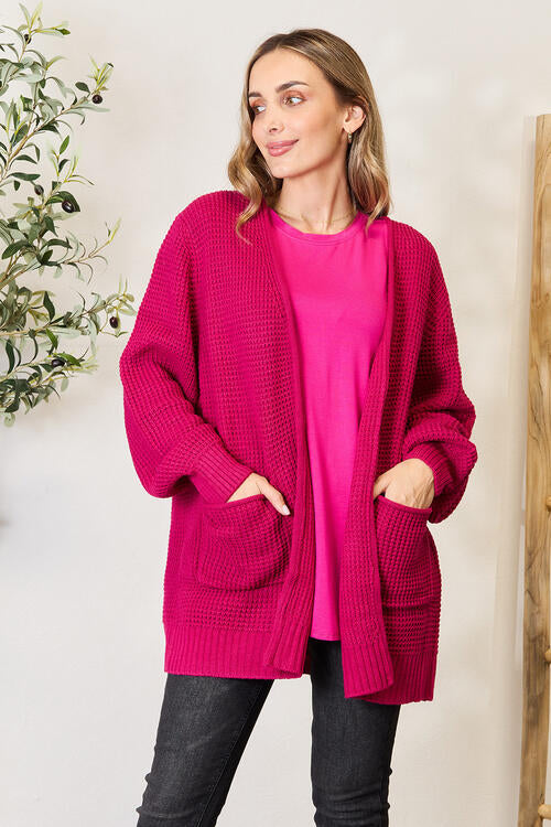 Magenta Waffle-Knit Open Front Cardigan