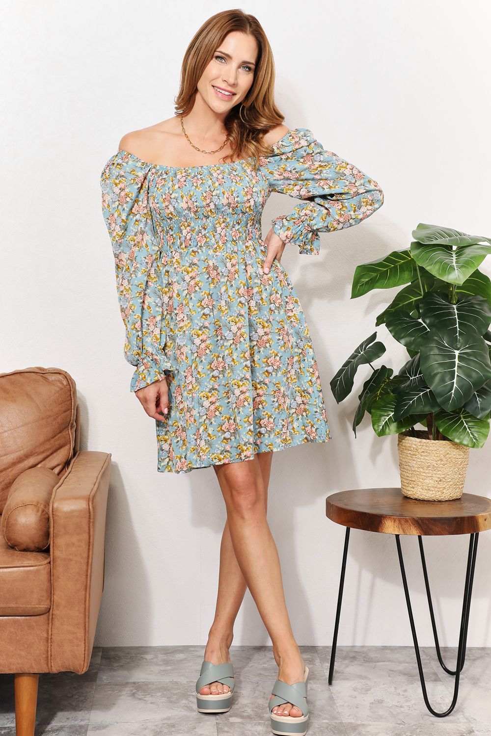 Floral Smocked Flounce Sleeve Square Neck Dress in Floral