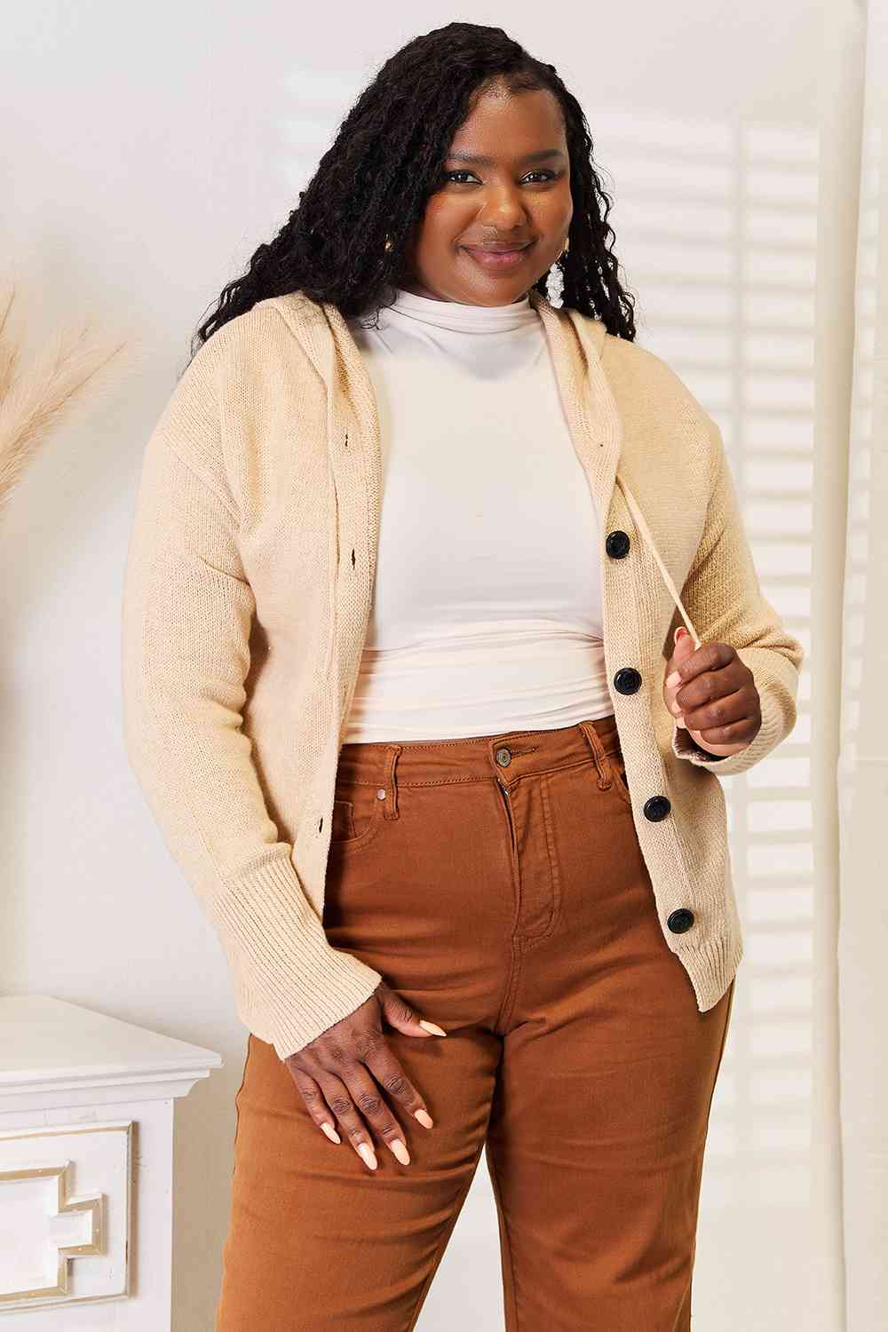 Tan Button-Down Long Sleeve Hooded Sweater