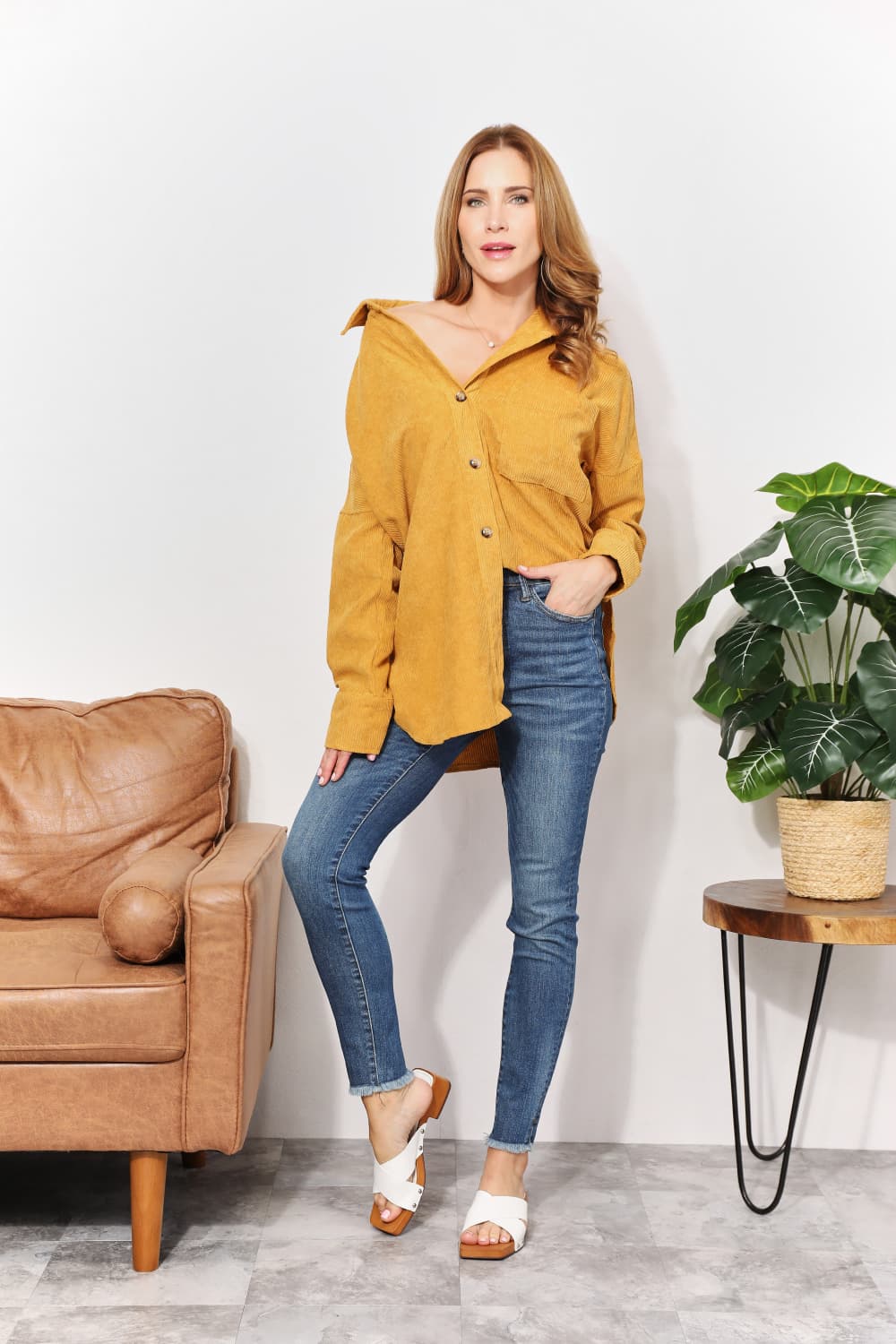 Oversized Corduroy  Button-Down Tunic Shirt with Bust Pocket in Mustard