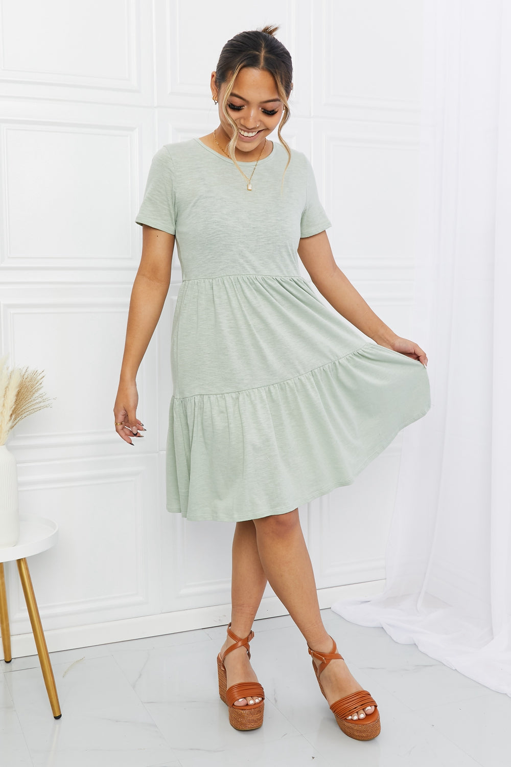 Short Sleeve Round Neck Tiered Tee Dress in Sage (MADE IN USA)