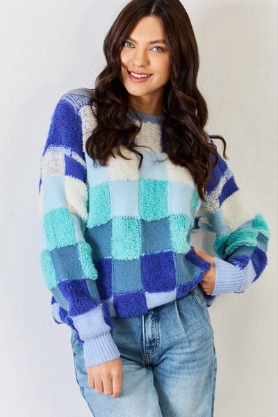 Blue Checkered Round Neck Sweater