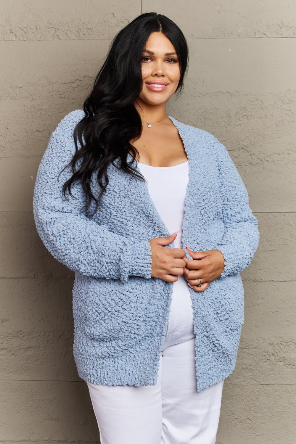 Falling For You Open Front Popcorn Cardigan in Pastel Blue