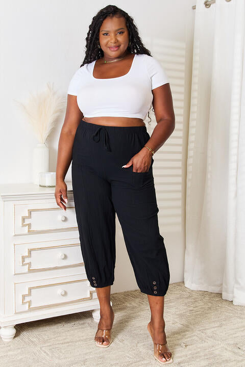 Decorative Button Cropped Pants in Black