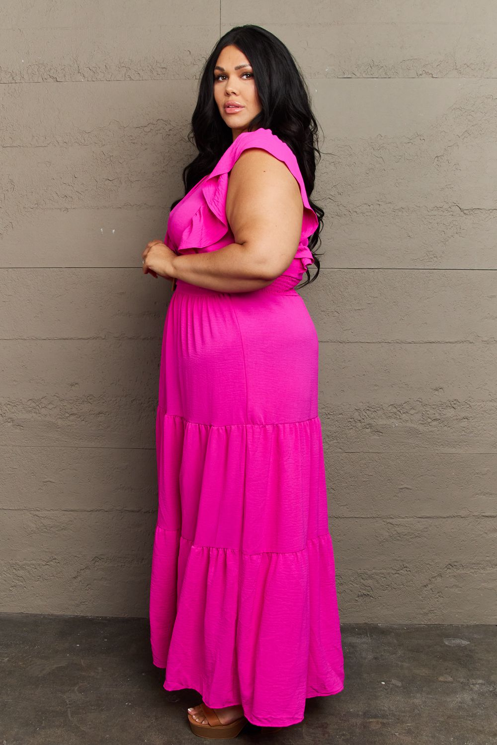 Fancy Fizz Tiered Side Slit Maxi Dress in Hot Pink (MADE IN USA)