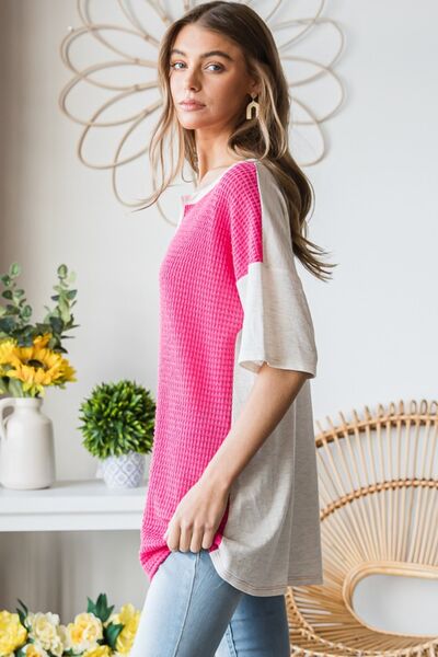 Fuchsia Contrast Waffle-Knit Half Sleeve Top Solid White on Back