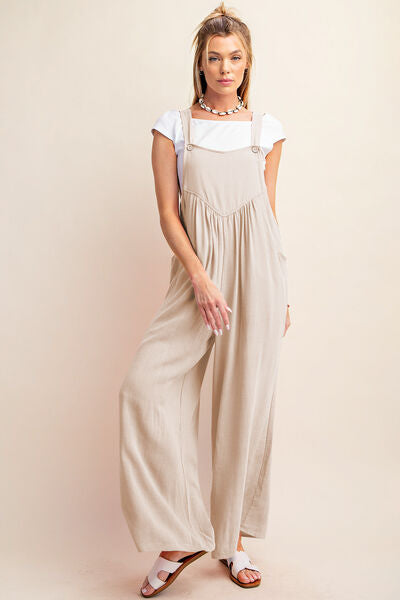 Ruched Wide Leg Overalls in Oatmeal