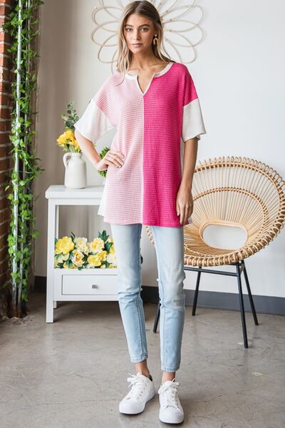 Fuchsia Contrast Waffle-Knit Half Sleeve Top great to pair with your favorite jeans