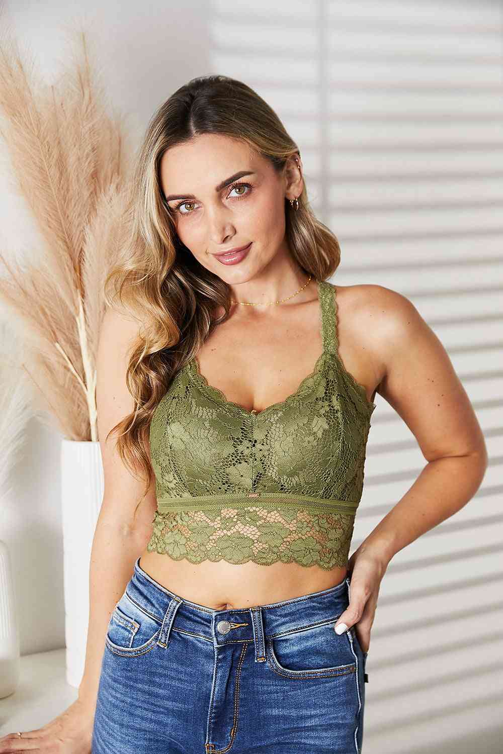 JadyK Juliette Crisscross Back Lace Bralette in Olive