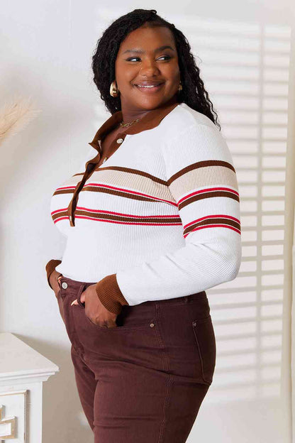 Striped Collared Neck Rib-Knit Top in Beige