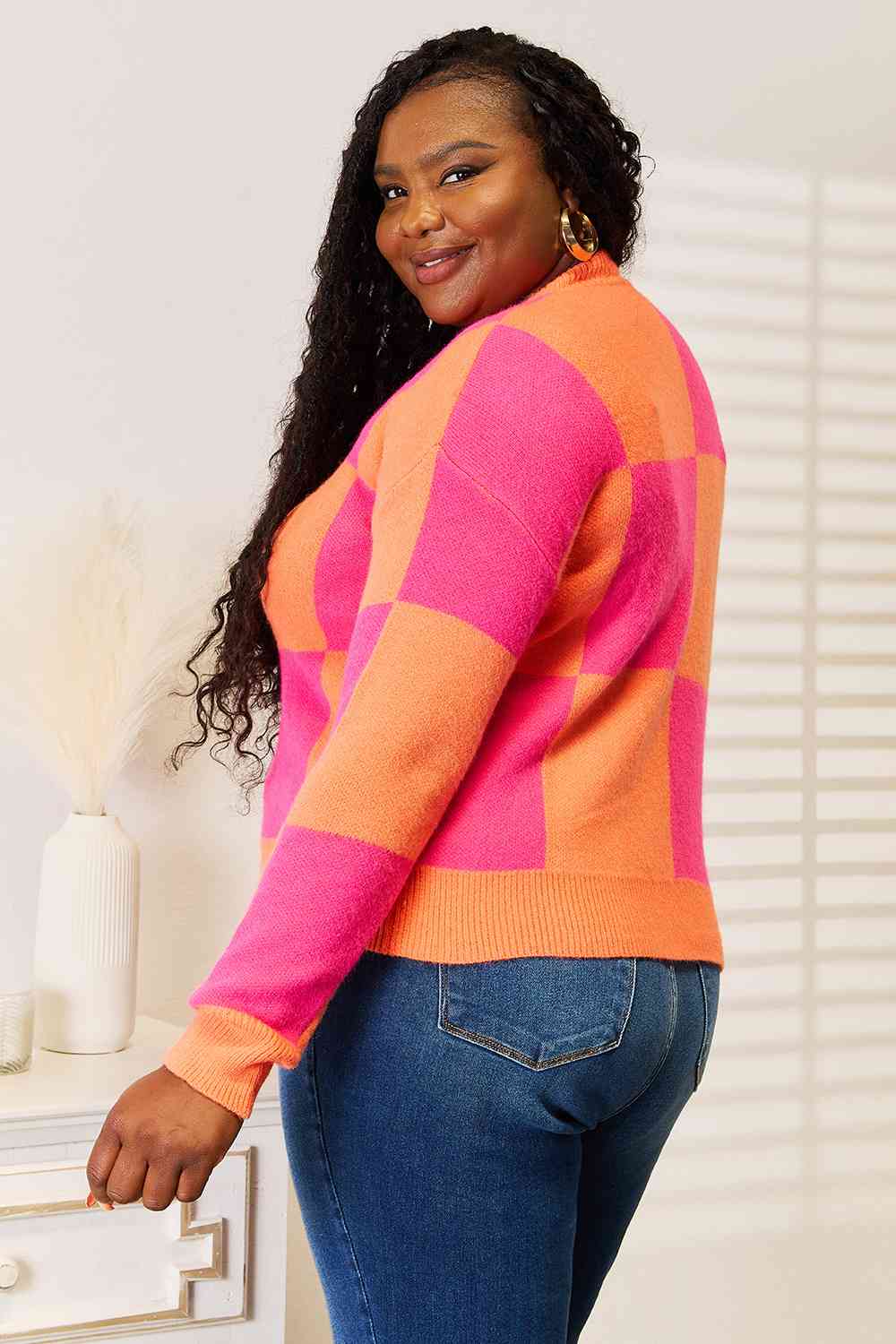 Checkered V-Neck Dropped Shoulder Cardigan in Hot Pink