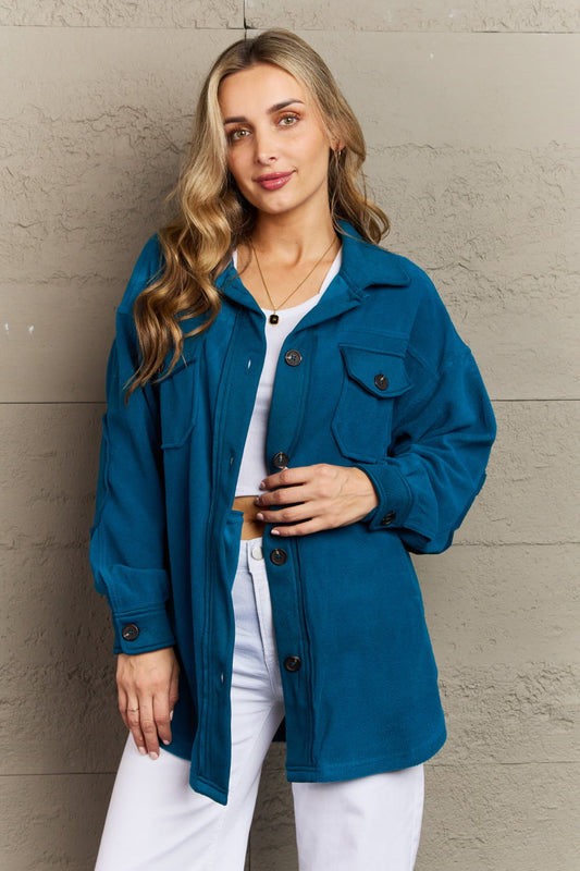 Cozy in the Cabin Fleece Elbow Patch Shacket in Teal
