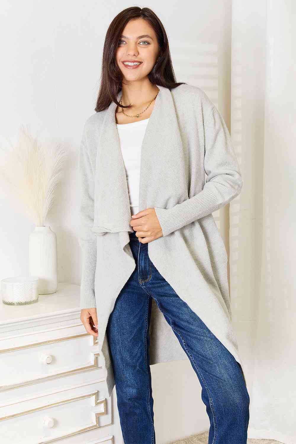 Open Front Duster Cardigan with Pockets in Light Grey