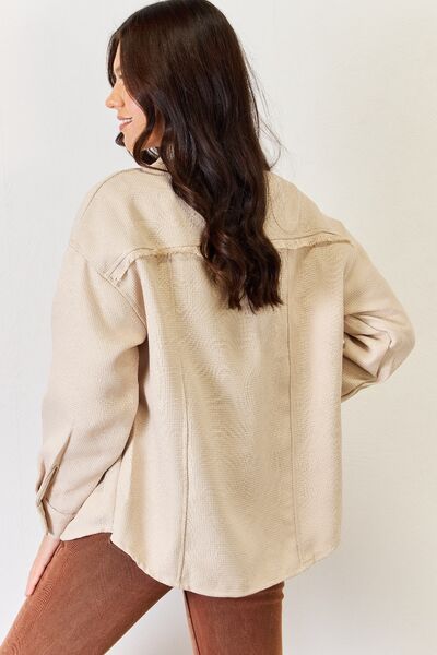 Beige Texture Button Down Fray Shacket