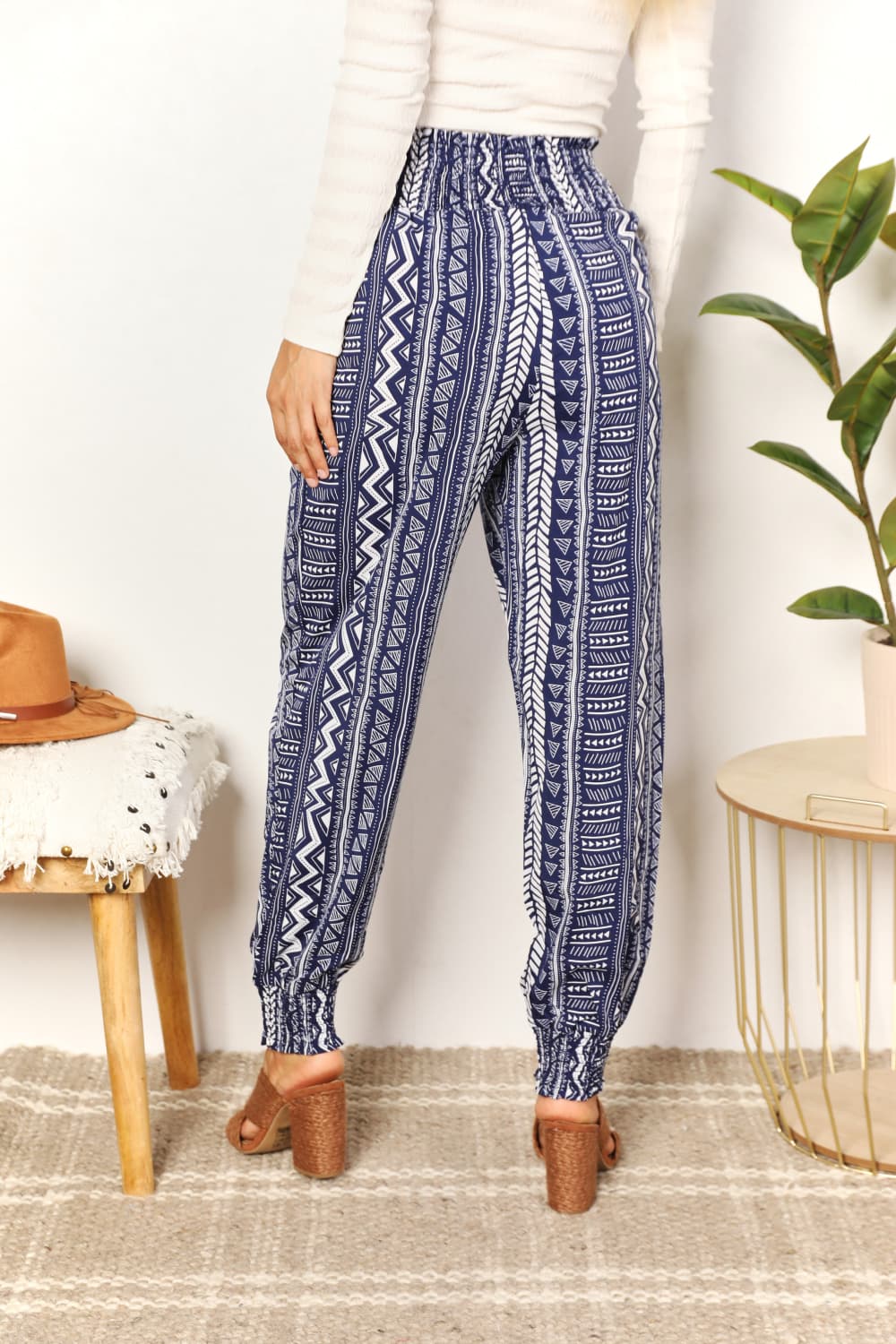 Geometric Print Tassel High-Rise Pants in Navy