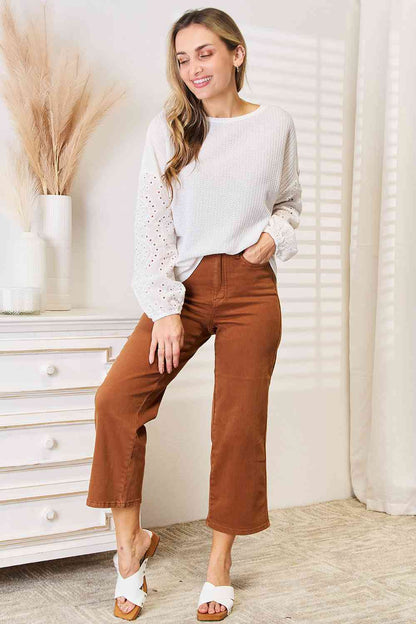 White Eyelet Dropped Shoulder Round Neck Blouse