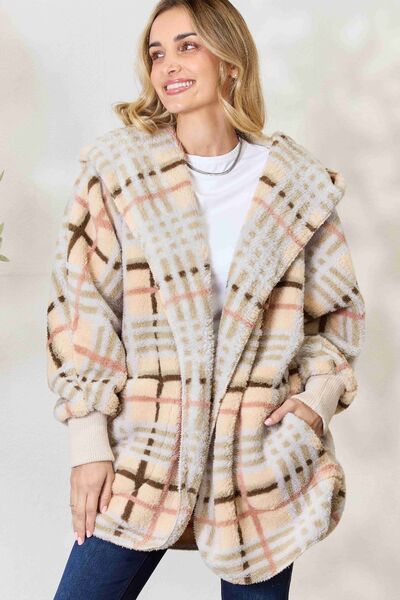 Cream Checked Faux Fur Hooded Jacket