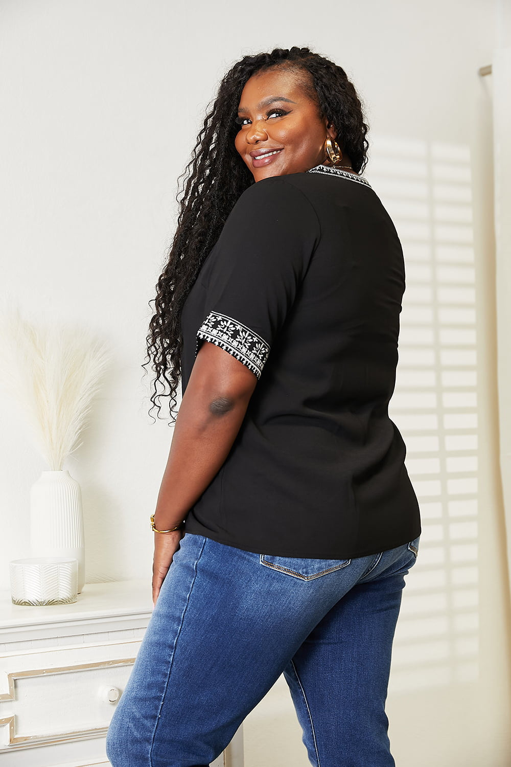 Embroidered Notched Neck Top in Black