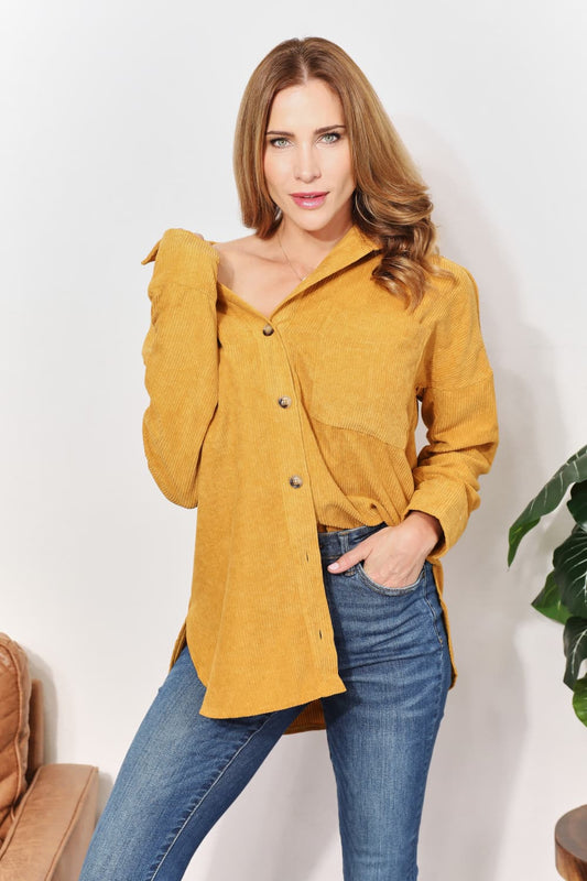 Oversized Corduroy  Button-Down Tunic Shirt with Bust Pocket in Mustard