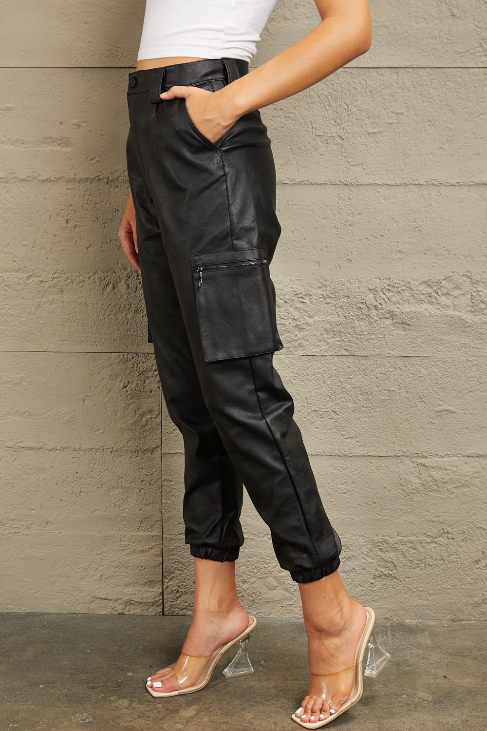 Kancan High Rise Leather Joggers in Black